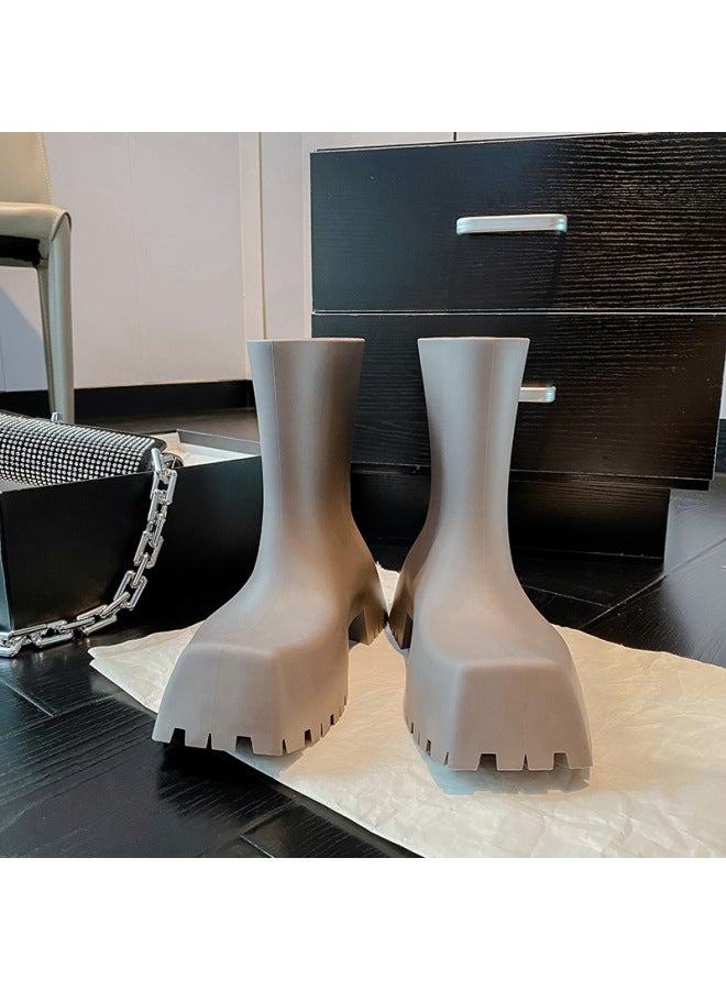Men's And Women's Paris Fashion Popular Square-toe Rain Boots, Everyday Versatile Mid-high Boots, Thick Soles, Increased Non-slip Couple Shoes