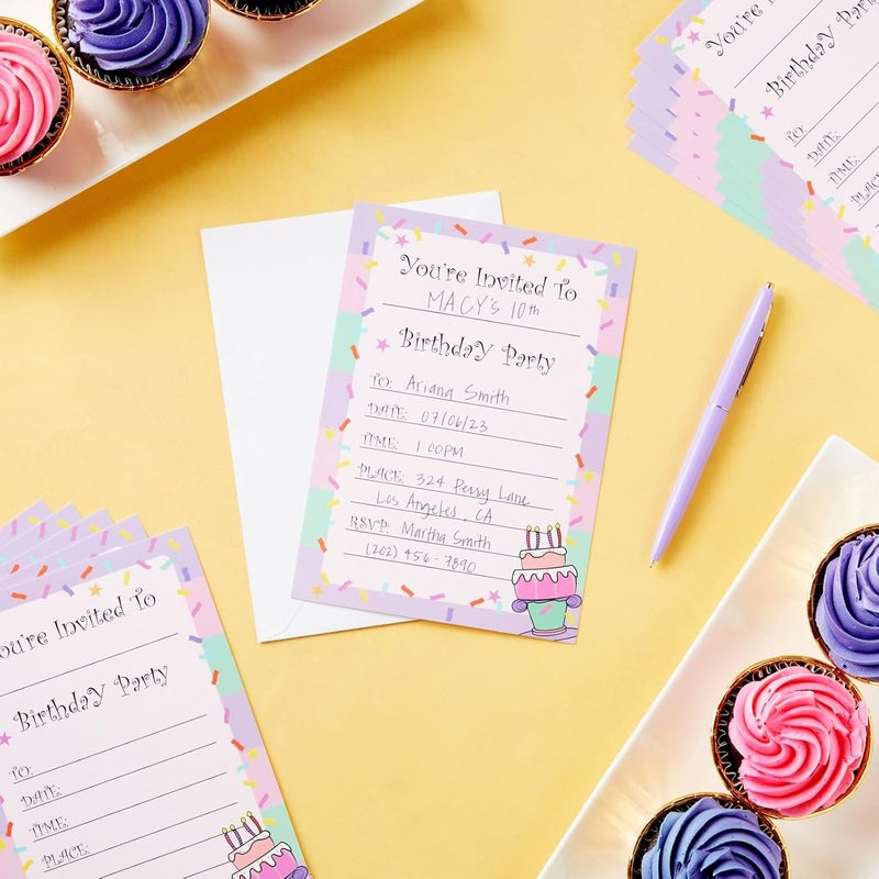 Juvale 24 Pack Birthday Invitations for Girls FillIn Invite Cards with Envelopes Confetti Design 5x7 in - Image 2