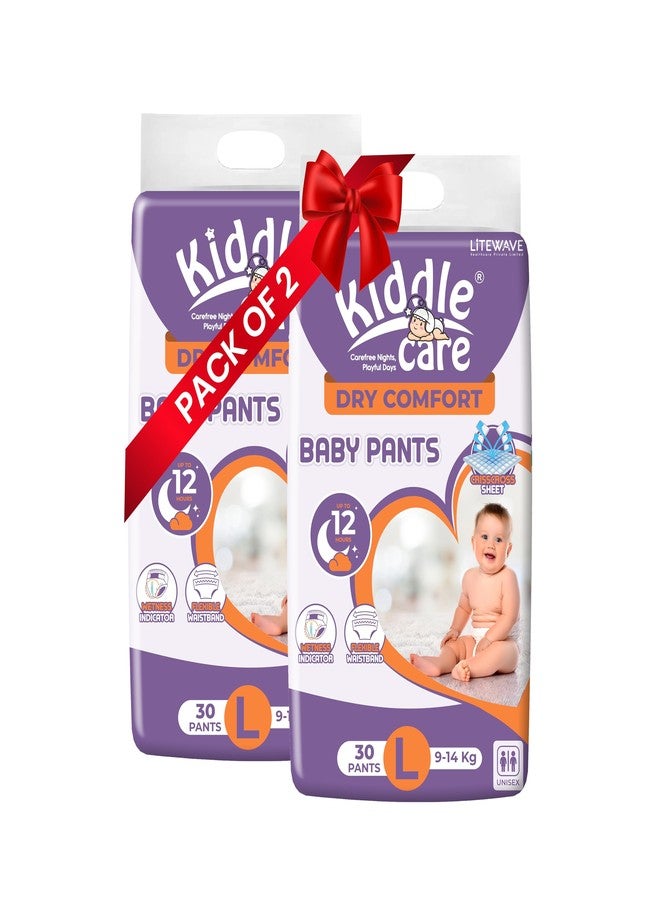 Kiddle Care Dry Comfort Advanced Soft Baby Diaper Pants | Large (L) | 9-14 Kg | Pack of 2 | 60 Pieces | Up to 12 Hours Protection, Prevents Leakage, Wetness Indicator - Image 1