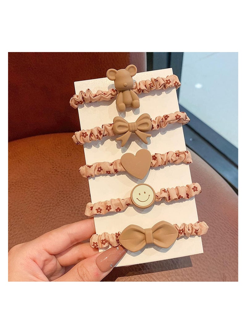 ECVV 5Pcs Hair Tie Scrunchies No Crease Ponytail Holder Little Bear Smiling Face Elastic Soft Hair Bands Large Hair Accessories for Women and Girls