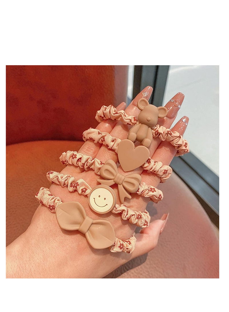 ECVV 5Pcs Hair Tie Scrunchies No Crease Ponytail Holder Little Bear Smiling Face Elastic Soft Hair Bands Large Hair Accessories for Women and Girls