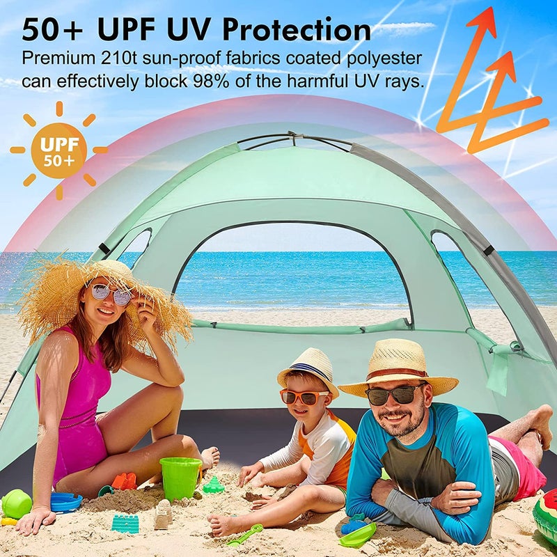 WhiteFang Beach Tent Anti-UV Portable Sun Shade Shelter for 3 Person, Extendable Floor with 3 Ventilating Mesh Windows Plus Carrying Bag, Stakes and Guy Lines (Mint Green) - Image 3