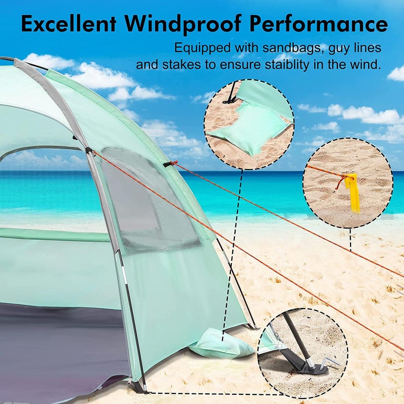 WhiteFang Beach Tent Anti-UV Portable Sun Shade Shelter for 3 Person, Extendable Floor with 3 Ventilating Mesh Windows Plus Carrying Bag, Stakes and Guy Lines (Mint Green) - Image 5