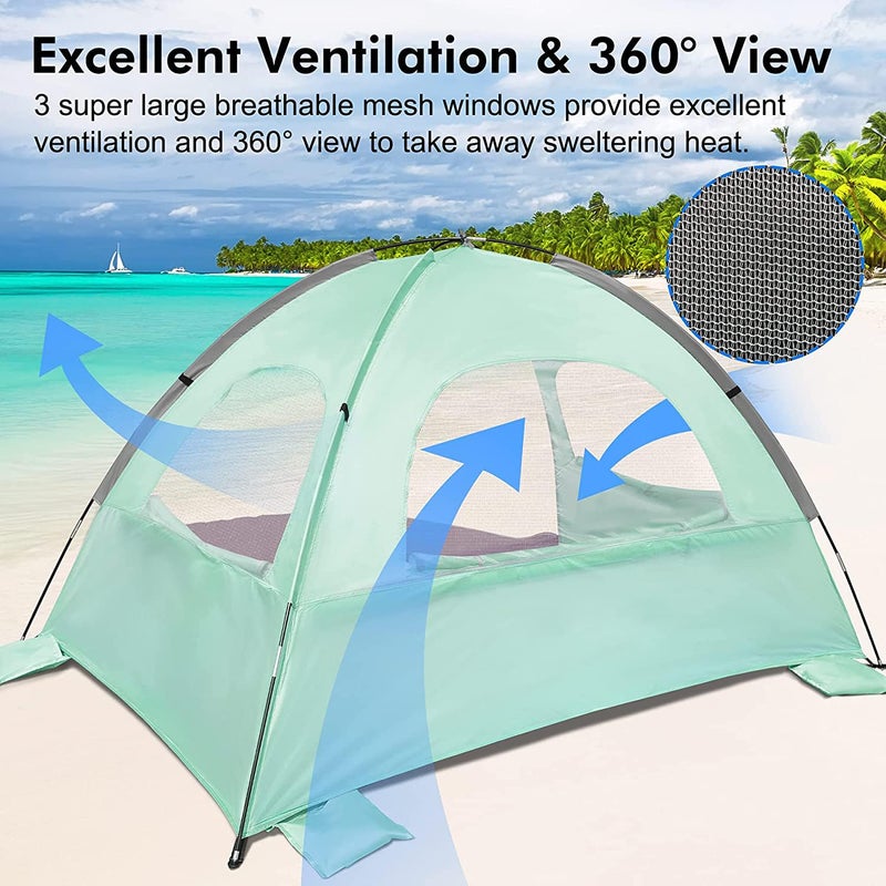 WhiteFang Beach Tent Anti-UV Portable Sun Shade Shelter for 3 Person, Extendable Floor with 3 Ventilating Mesh Windows Plus Carrying Bag, Stakes and Guy Lines (Mint Green) - Image 4