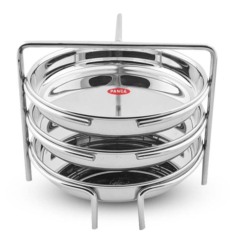 PANCA Stainless Steel Dhokla Maker, Thatte Idli Maker, 3 Big Plates, 16 cm Plates Set With Stand, Fits in all Cookers - Image 1