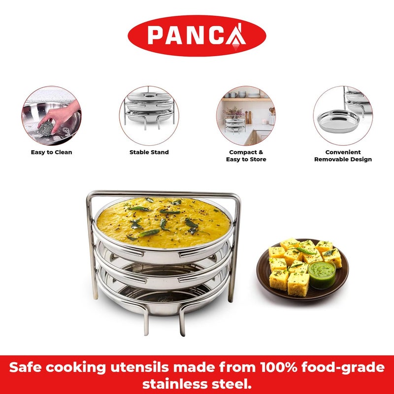 PANCA Stainless Steel Dhokla Maker, Thatte Idli Maker, 3 Big Plates, 16 cm Plates Set With Stand, Fits in all Cookers - Image 5