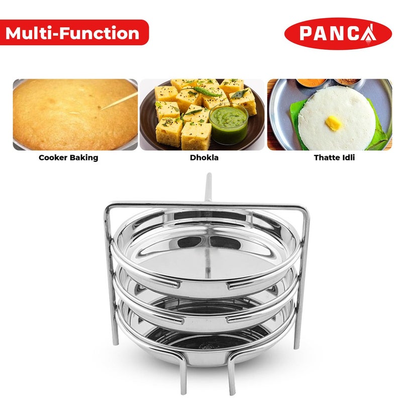 PANCA Stainless Steel Dhokla Maker, Thatte Idli Maker, 3 Big Plates, 16 cm Plates Set With Stand, Fits in all Cookers - Image 3