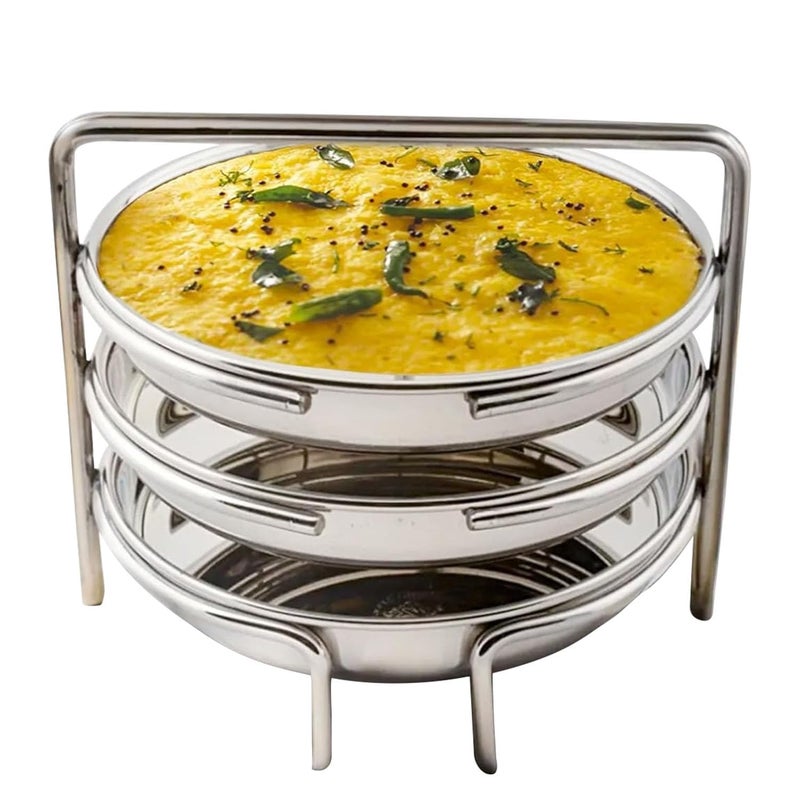 PANCA Stainless Steel Dhokla Maker, Thatte Idli Maker, 3 Big Plates, 16 cm Plates Set With Stand, Fits in all Cookers - Image 2