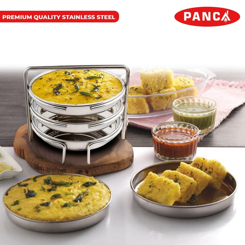 PANCA Stainless Steel Dhokla Maker, Thatte Idli Maker, 3 Big Plates, 16 cm Plates Set With Stand, Fits in all Cookers - Image 4