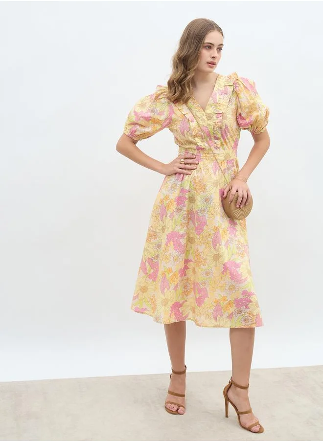 ستايلي Styli All-Over Floral Print V Neck A-Line Midi Dress with Ruffle Trim