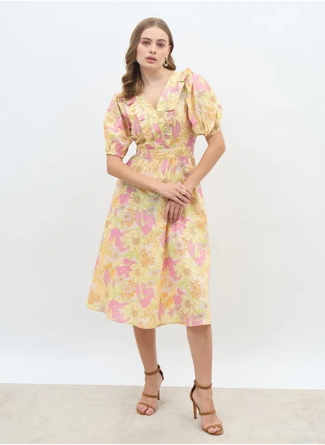 ستايلي Styli All-Over Floral Print V Neck A-Line Midi Dress with Ruffle Trim