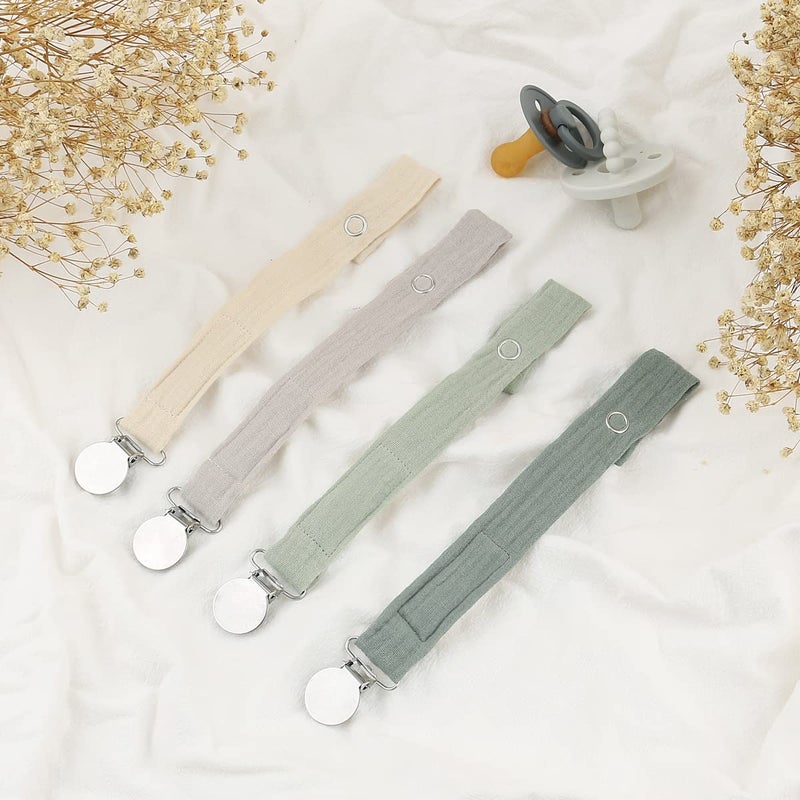 SUGEE Baby Pacifier Clip Leash Holder Unisex for 4 Pack Gift Set with Neutral Solid Colors ;Soft Linen Pacifier Clips ; Fabric Pacifier Strap with Clip Keeps Pacifiers & Teethers in Place - Image 5