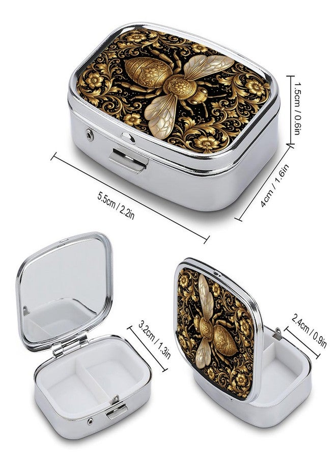 Metal 2 Compartment Pill Organizer Travel Friendly Portable Compact Pill Box Cute Pill Case,for Pocket Wallets Daily Portable Medicine Vitamin Tablet Storage (Golden Bees) - Image 2