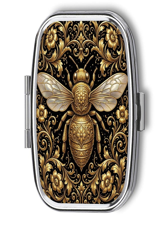 Metal 2 Compartment Pill Organizer Travel Friendly Portable Compact Pill Box Cute Pill Case,for Pocket Wallets Daily Portable Medicine Vitamin Tablet Storage (Golden Bees) - Image 1