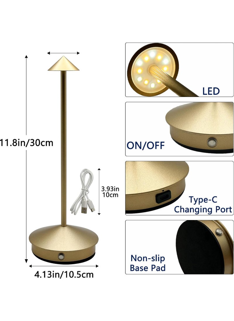 Cordless Rechargeable LED Table Lamp - 3-Color Dimmable Touch Light with 1200mAh Battery for Indoor and Outdoor Use - 30x10.4x10.4 cm - Gold