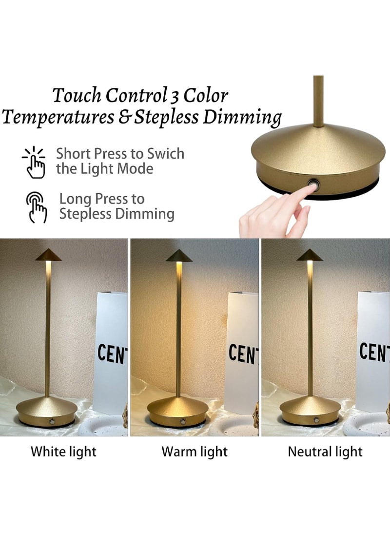Cordless Rechargeable LED Table Lamp - 3-Color Dimmable Touch Light with 1200mAh Battery for Indoor and Outdoor Use - 30x10.4x10.4 cm - Gold