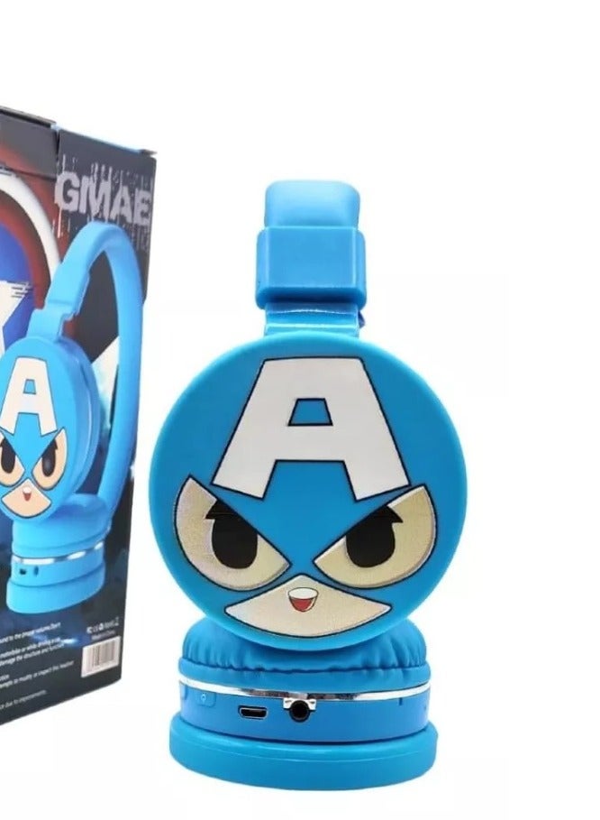 Captain America سماعات رأس كابتن أمريكا لاسلكية بلوتوث للأطفال – صوت عالي الدقة، بطارية 400mAh، تشغيل 18 ساعة، ميكروفون مدمج، تحكم بالصوت، موصل 3.5 مم، وحدة صوت 40 مم بلون ازرق - Image 1