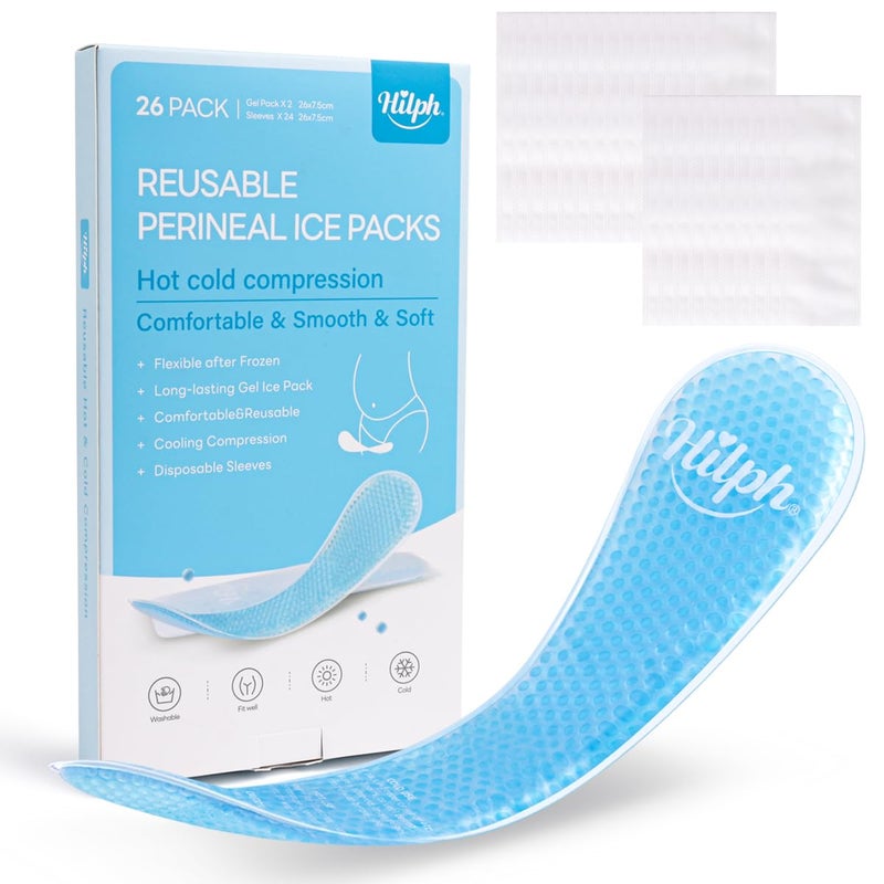 Hilph Perineal Ice Packs for Postpartum Hemorrhoid Pain Relief, Reusable 2 Perineal Cooling Pads with 24Pcs Disposable Sleeves for Women After Pregnancy and Delivery, Essentials Postpartum Care - Image 1