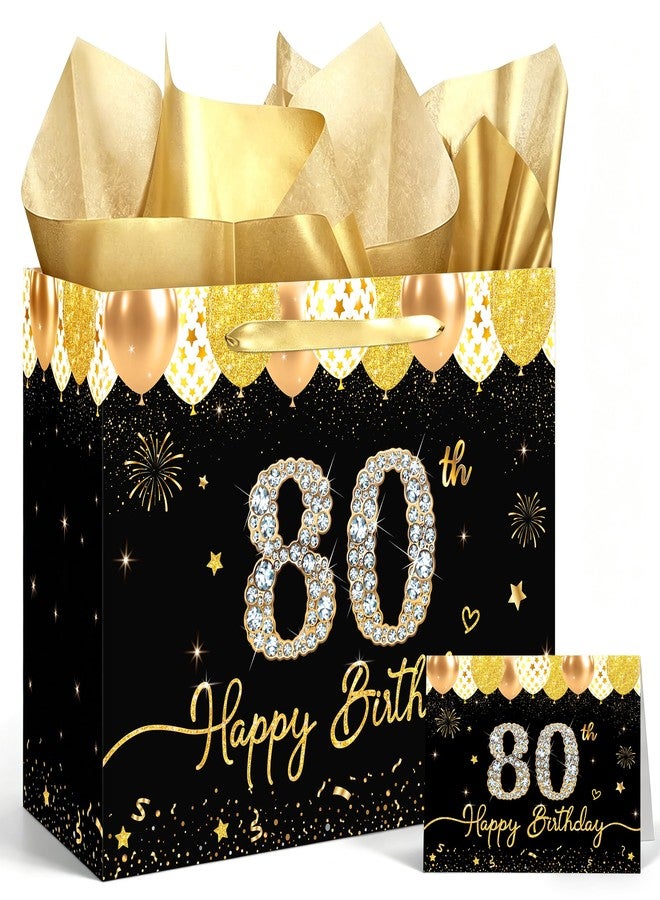 WNINK 80th Birthday Gift Bag for Women Men, Black Gold Large Gift Bag with Handles, Tissue Paper and Greeting Card, Happy Birthday Gift Wrap Set for 80th Birthday Party Supplies - Image 1