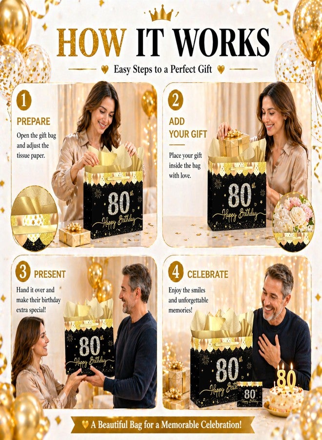 WNINK 80th Birthday Gift Bag for Women Men, Black Gold Large Gift Bag with Handles, Tissue Paper and Greeting Card, Happy Birthday Gift Wrap Set for 80th Birthday Party Supplies - Image 3