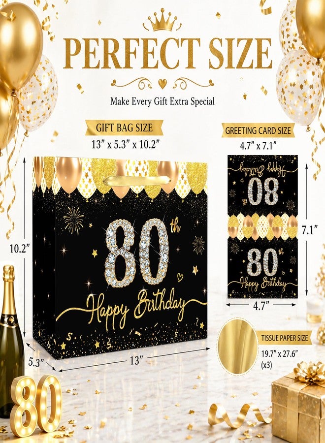 WNINK 80th Birthday Gift Bag for Women Men, Black Gold Large Gift Bag with Handles, Tissue Paper and Greeting Card, Happy Birthday Gift Wrap Set for 80th Birthday Party Supplies - Image 2