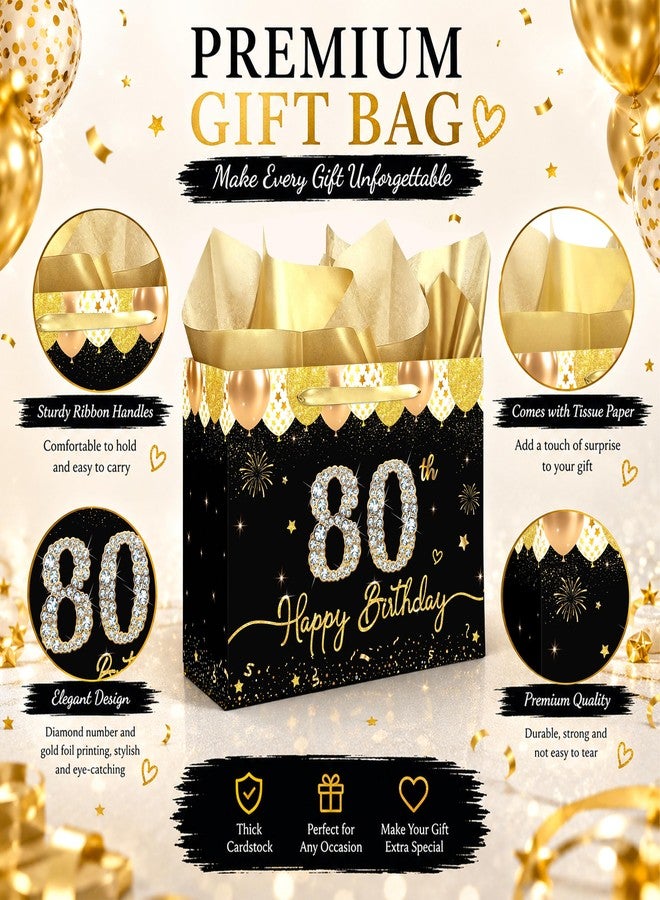 WNINK 80th Birthday Gift Bag for Women Men, Black Gold Large Gift Bag with Handles, Tissue Paper and Greeting Card, Happy Birthday Gift Wrap Set for 80th Birthday Party Supplies - Image 4