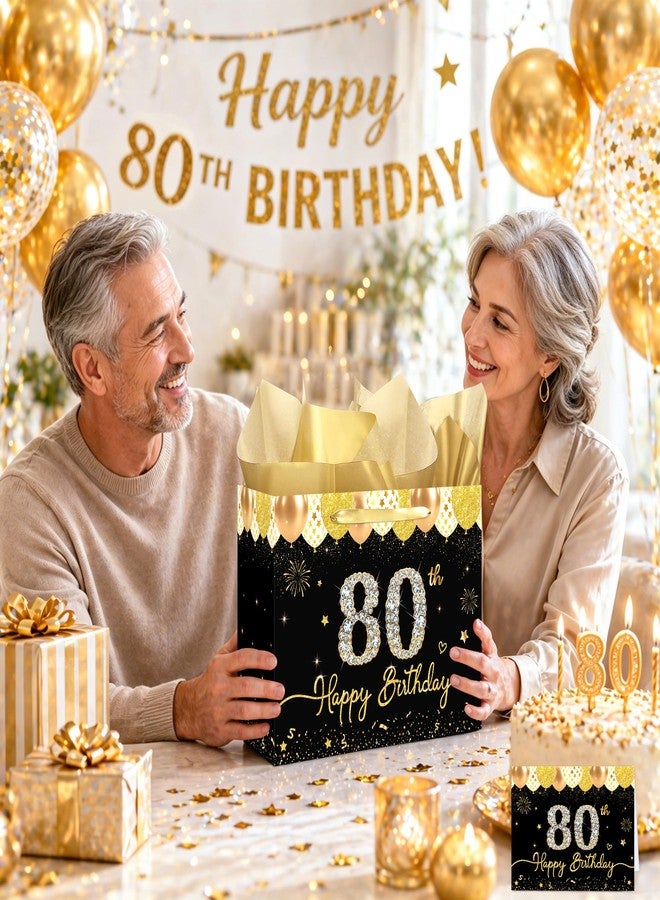 WNINK 80th Birthday Gift Bag for Women Men, Black Gold Large Gift Bag with Handles, Tissue Paper and Greeting Card, Happy Birthday Gift Wrap Set for 80th Birthday Party Supplies - Image 5