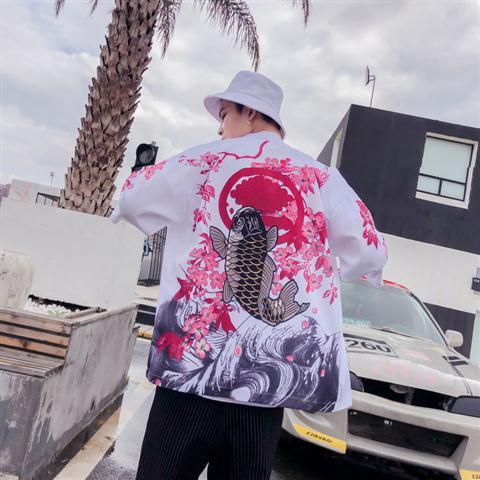 Japanese Retro Dark Ukiyo-e Kimono Cardigan Unisex Casual Loose Fit Shirt Jacket 04 White Carp Robe