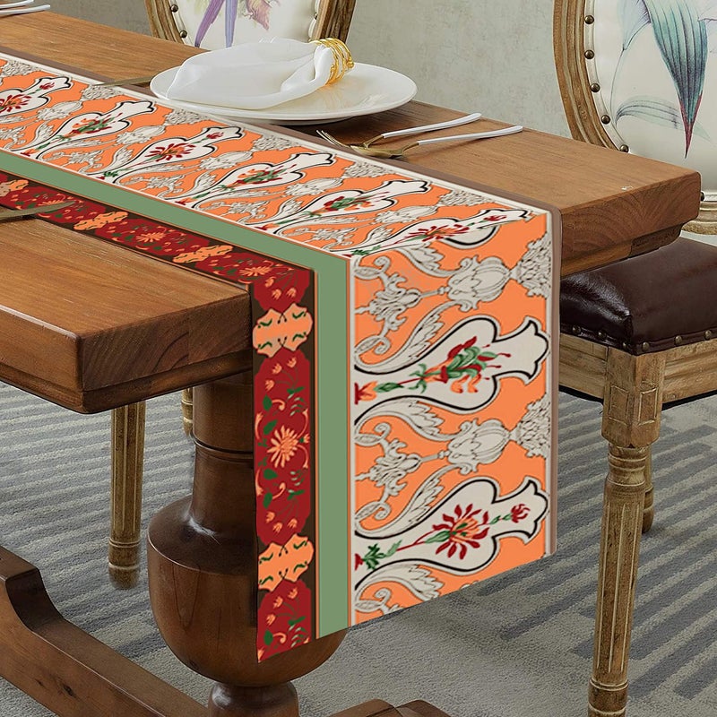 homewards Digitally Printed Peach and Red Ornamental Table Runner Size 13X72 inches
