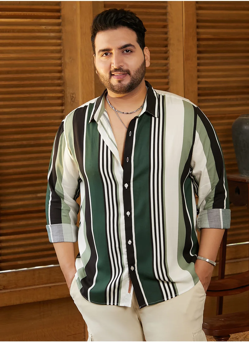انستافاب بلس Instafab Plus Men's Jungle Green & Cream White Multitrack-Striped Shirt For Casual Wear | Spread Collar | Long Cuffed Sleeves | Button Closure | Plus Size Shirt Crafted With Comfort Fit For Everyday Wear