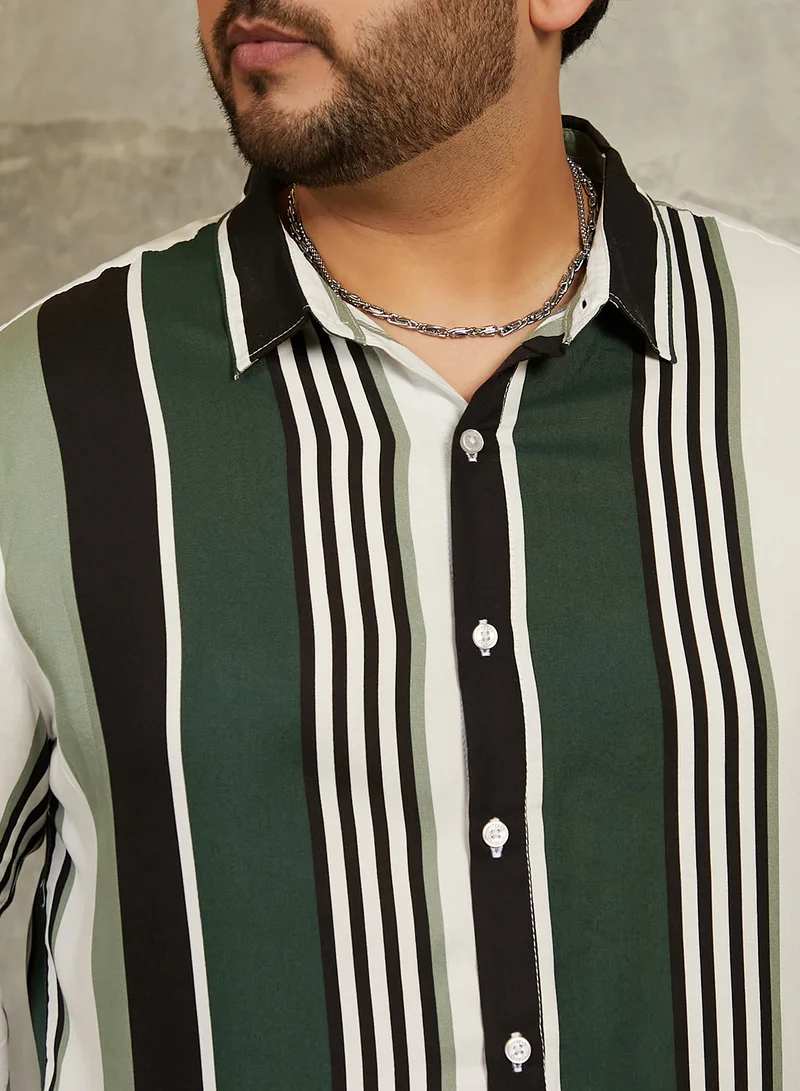 Instafab Plus Instafab Plus Men's Jungle Green & Cream White Multitrack-Striped Shirt For Casual Wear | Spread Collar | Long Cuffed Sleeves | Button Closure | Plus Size Shirt Crafted With Comfort Fit For Everyday Wear