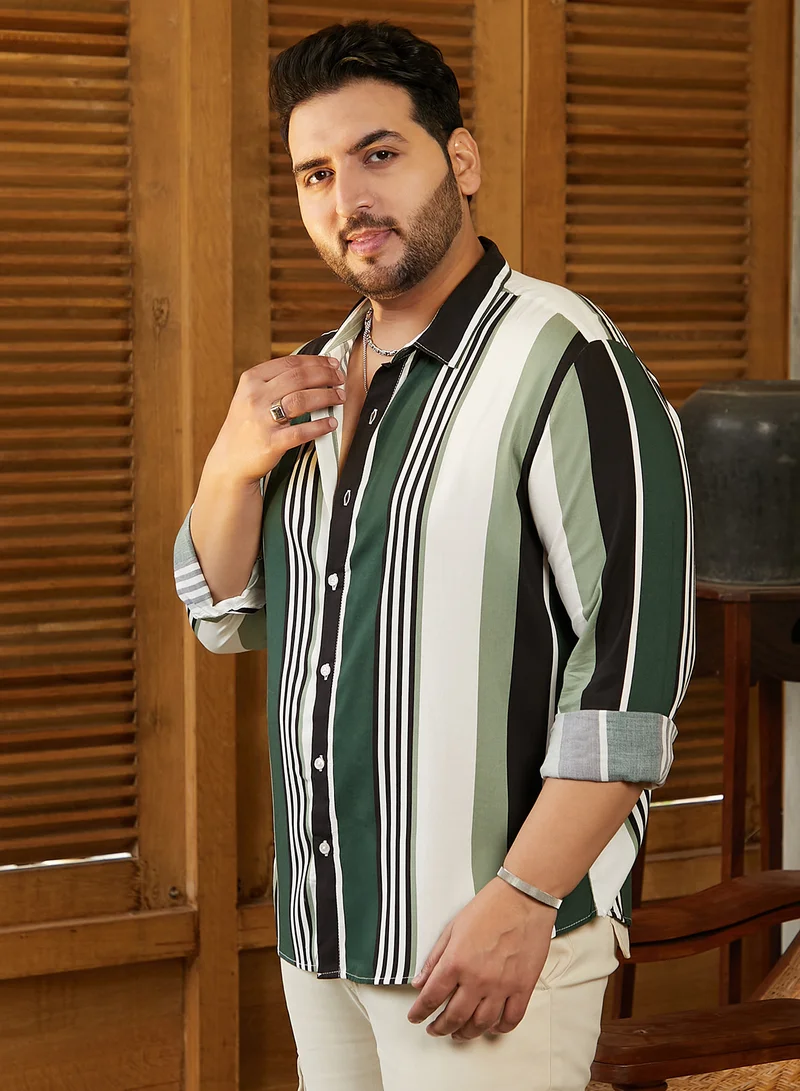 Instafab Plus Instafab Plus Men's Jungle Green & Cream White Multitrack-Striped Shirt For Casual Wear | Spread Collar | Long Cuffed Sleeves | Button Closure | Plus Size Shirt Crafted With Comfort Fit For Everyday Wear