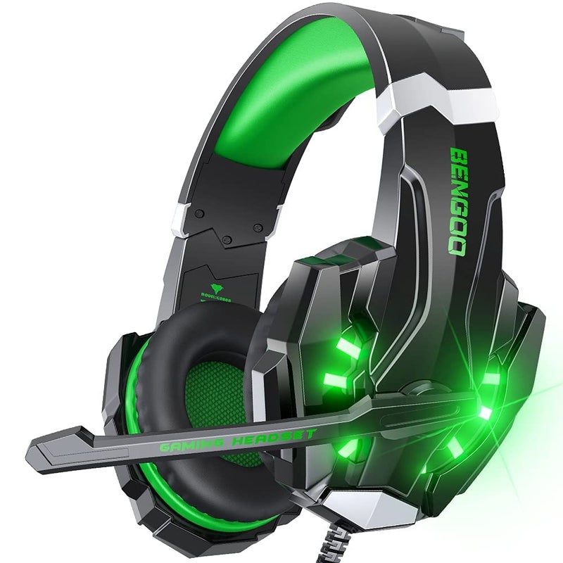 BENGOO G9000 Stereo Gaming Headset for PS4 PC Xbox One PS5 Controller, Noise Cancelling Over Ear Headphones with Mic, LED Light, Bass Surround, Soft Memory Earmuffs for Laptop Mac - Green - Image 1