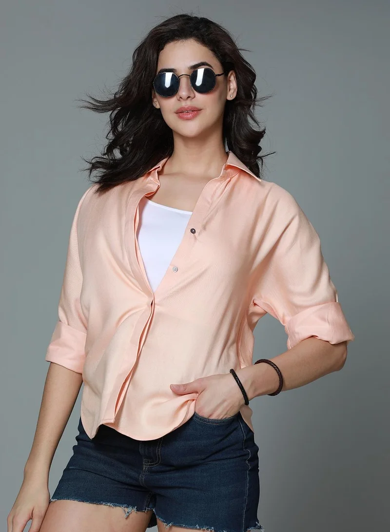 HIGH STAR Women’s Boxy Fit Casual Shirt in Orange with Spread Collar, Long Sleeves
