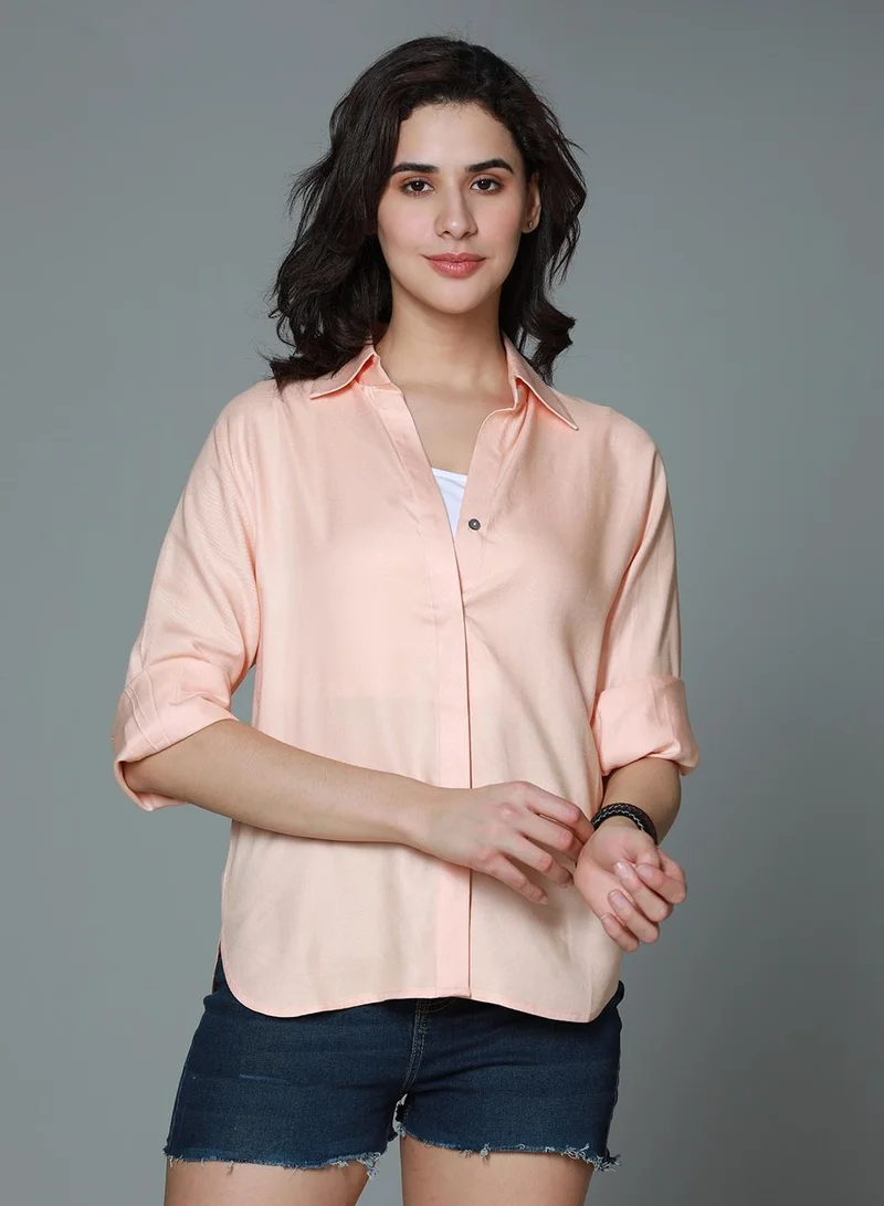 HIGH STAR Women’s Boxy Fit Casual Shirt in Orange with Spread Collar, Long Sleeves