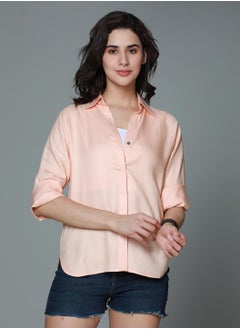 HIGH STAR Women’s Boxy Fit Casual Shirt in Orange with Spread Collar, Long Sleeves  - Image 3