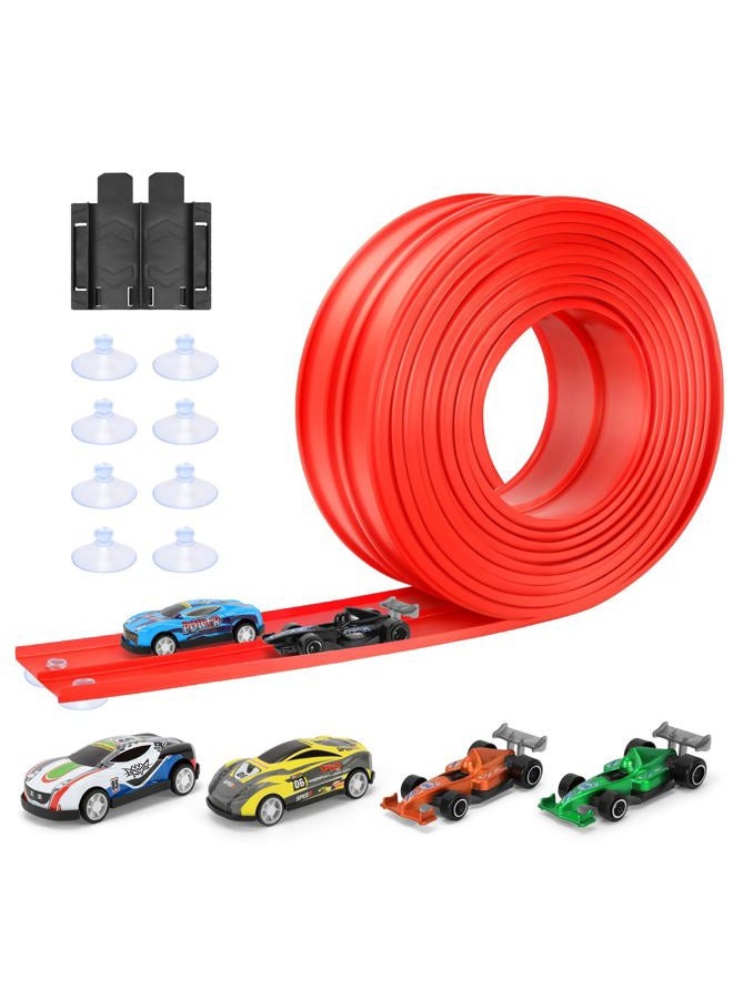 KETIEE Flex Tracks 16Ft for Kids: Flexible Race Car Ramp Track with 4 Small Racecars and 8 Suction Cups Compatible with Hot Wheels and Diecast 1/64th Cars, Rolls Up Portable Racetrack for Ages 3 & Up - Image 1