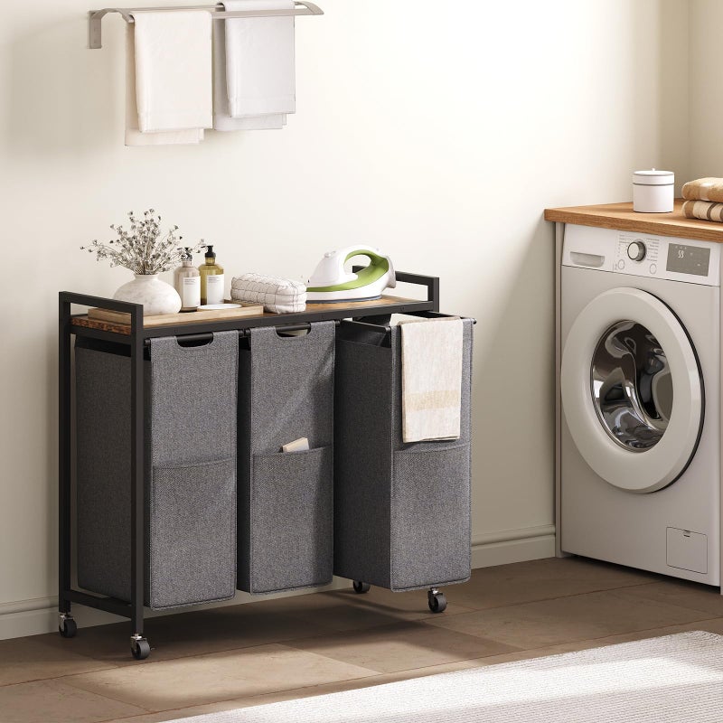 HOOBRO Laundry Sorter 3 Section, Laundry Hamper with Wheels, 3 Ã— 11.5 Gal (43.4L), Rolling Laundry Basket, Pull-Out and Removable Oxford Fabric Laundry Bags, Rustic Brown and Grey BFG76XY01 - Image 2