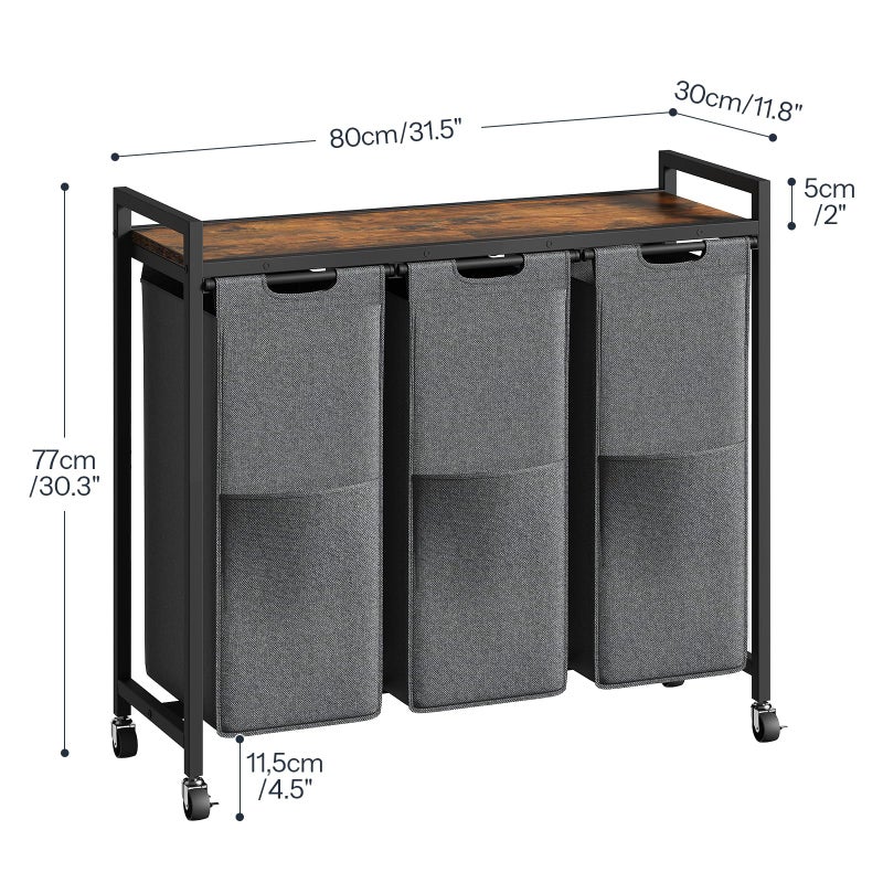 HOOBRO Laundry Sorter 3 Section, Laundry Hamper with Wheels, 3 Ã— 11.5 Gal (43.4L), Rolling Laundry Basket, Pull-Out and Removable Oxford Fabric Laundry Bags, Rustic Brown and Grey BFG76XY01 - Image 3