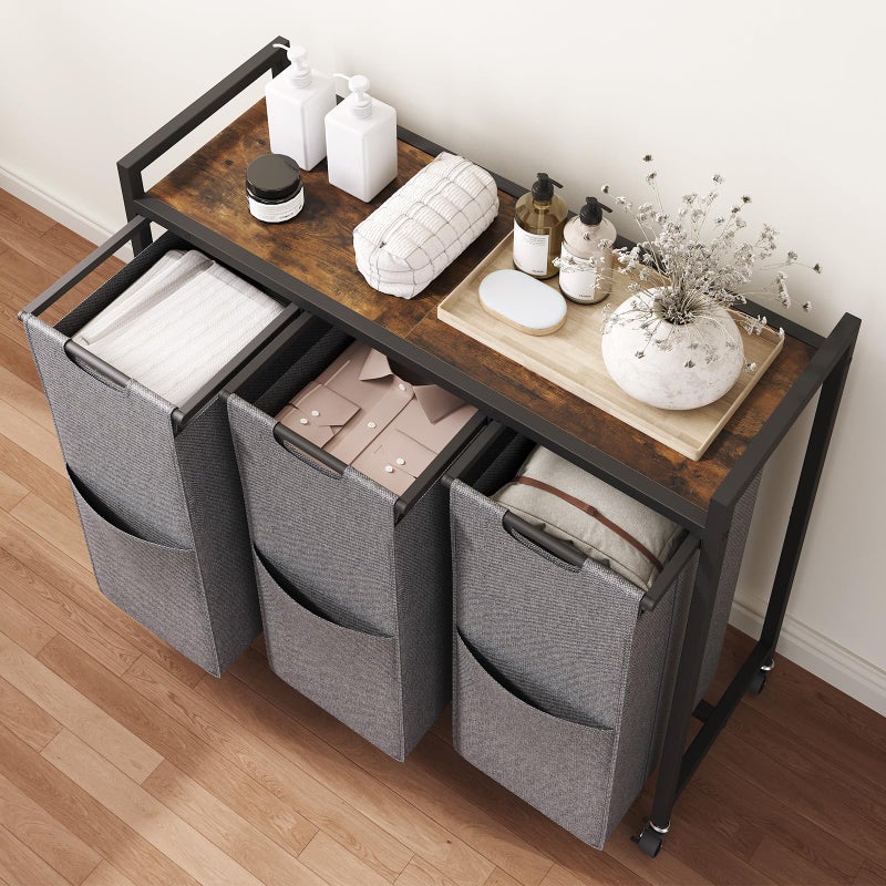 HOOBRO Laundry Sorter 3 Section, Laundry Hamper with Wheels, 3 Ã— 11.5 Gal (43.4L), Rolling Laundry Basket, Pull-Out and Removable Oxford Fabric Laundry Bags, Rustic Brown and Grey BFG76XY01 - Image 4