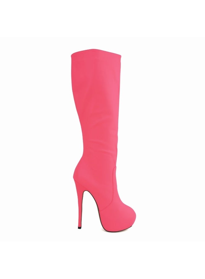 Loquat Faux leather ultra-high heel leg-slimming round-toe knee-high women's boots Heel height: 14cm, platform height: 4cm Rose Red - Image 1