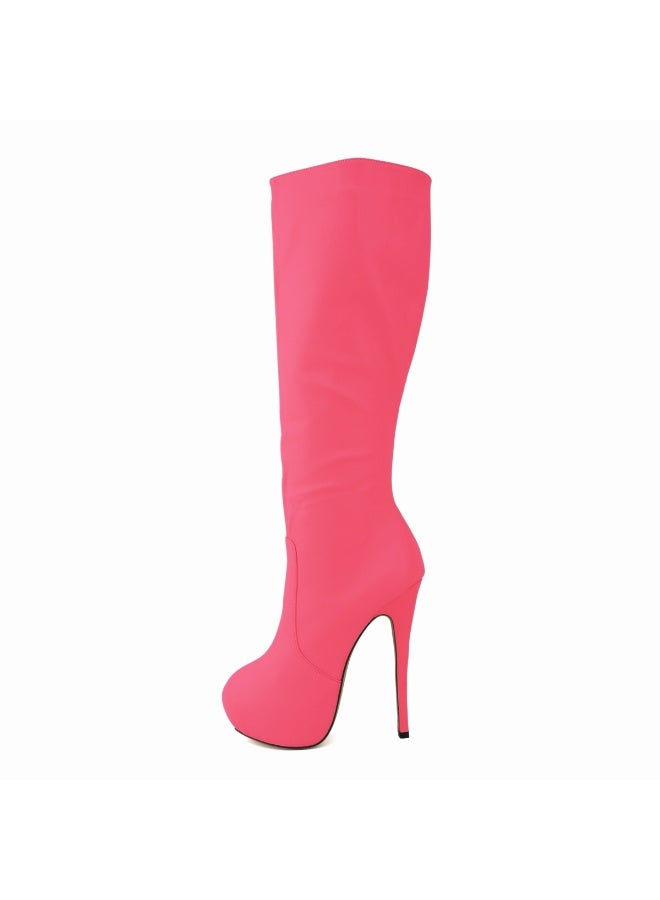 Loquat Faux leather ultra-high heel leg-slimming round-toe knee-high women's boots Heel height: 14cm, platform height: 4cm Rose Red - Image 2