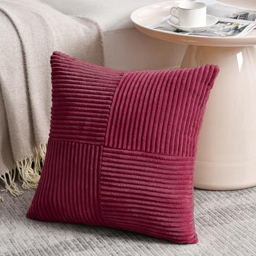 Fancy Homi 2 Packs Burgundy Samll Decorative Throw Pillow Covers 14x14 Inch with for Couch Bed Sofa Rustic Farmhouse Boho Home Decor Soft Corss Patchwork Corduroy Square Cushion Case 35x35 cm - Image 3