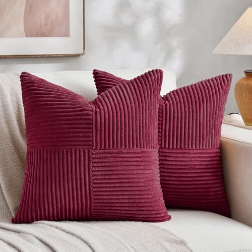 Fancy Homi 2 Packs Burgundy Samll Decorative Throw Pillow Covers 14x14 Inch with for Couch Bed Sofa Rustic Farmhouse Boho Home Decor Soft Corss Patchwork Corduroy Square Cushion Case 35x35 cm - Image 1