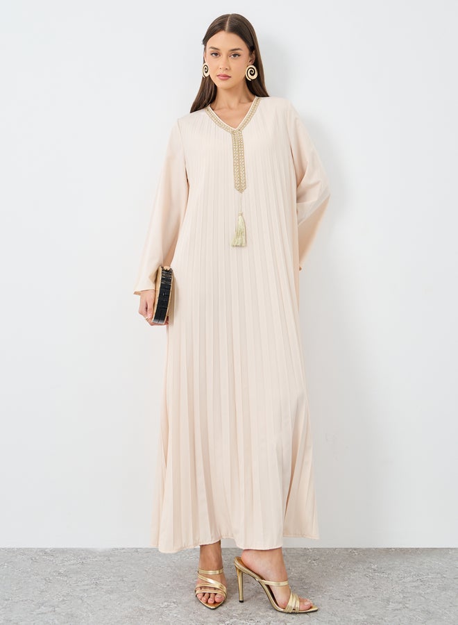 Styli Women Cream Pleated Jalabiya with Tassel Trim - Image 1