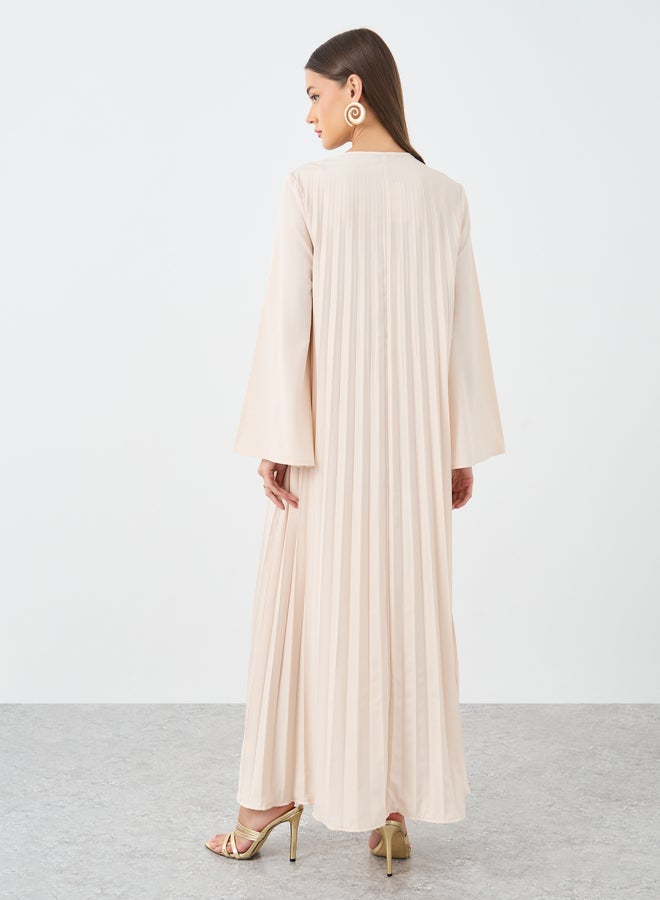 Styli Women Cream Pleated Jalabiya with Tassel Trim - Image 5