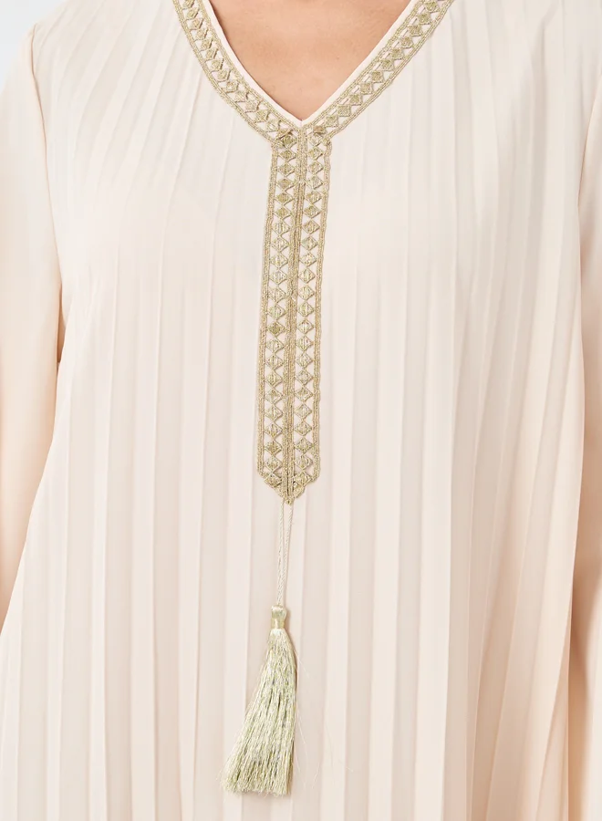 Styli Styli Women Cream Pleated Jalabiya with Tassel Trim