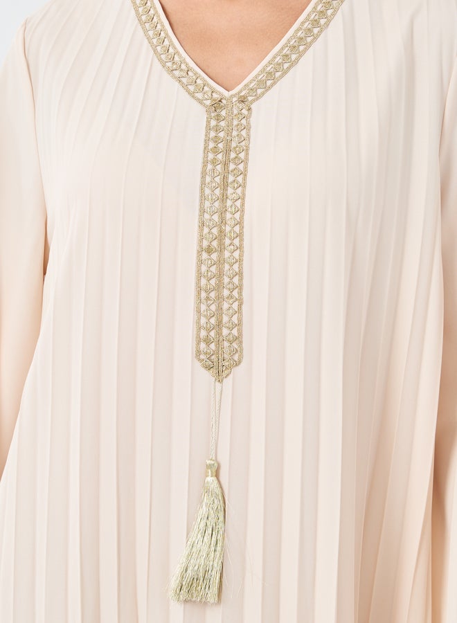 Styli Women Cream Pleated Jalabiya with Tassel Trim - Image 4