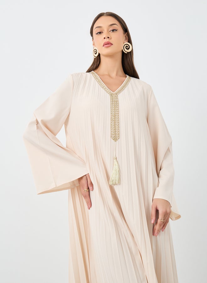 Styli Women Cream Pleated Jalabiya with Tassel Trim - Image 3