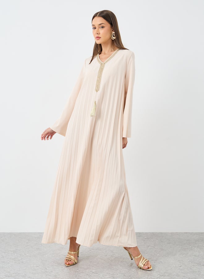 Styli Women Cream Pleated Jalabiya with Tassel Trim - Image 2